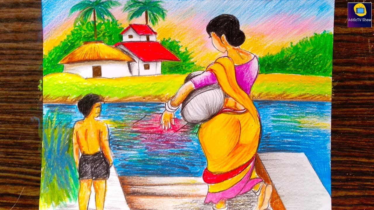 Village drawing | Art drawings for kids, Easy cartoon drawings, Oil pastel  drawings